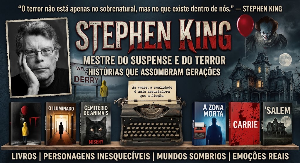 A imagem é um cartaz promocional e informativo sobre o autor Stephen King, com estética de horror e suspense. No topo, há a citação em destaque: “O terror não está apenas no sobrenatural, mas no que existe dentro de nós.” — STEPHEN KING. Abaixo, o nome "STEPHEN KING" aparece em destaque com fonte estilizada e desgastada em tons de branco e vermelho, acompanhado dos subtítulos: "MESTRE DO SUSPENSE E DO TERROR" e "HISTÓRIAS QUE ASSOMBRAM GERAÇÕES". Do lado esquerdo, há uma foto em preto e branco de Stephen King com óculos, apoiando o rosto sobre a mão. No fundo da composição, vê-se a placa "WELCOME TO DERRY" com uma criança em capa de chuva amarela, o palhaço Pennywise segurando um balão vermelho no canto superior direito e uma casa antiga assombrada sob a lua cheia. No centro da imagem, há uma máquina de escrever vintage com uma folha de papel onde se lê: "Às vezes, a realidade é mais assustadora que a ficção." Na base, uma prateleira exibe as capas de sete de seus livros: IT, O ILUMINADO, CEMITÉRIO DE ANIMAIS, MISERY, A ZONA MORTA, CARRIE e 'SALEM. No rodapé, o texto finaliza com os termos separados por barras: "LIVROS | PERSONAGENS INESQUECÍVEIS | MUNDOS SOMBRIOS | EMOÇÕES REAIS".