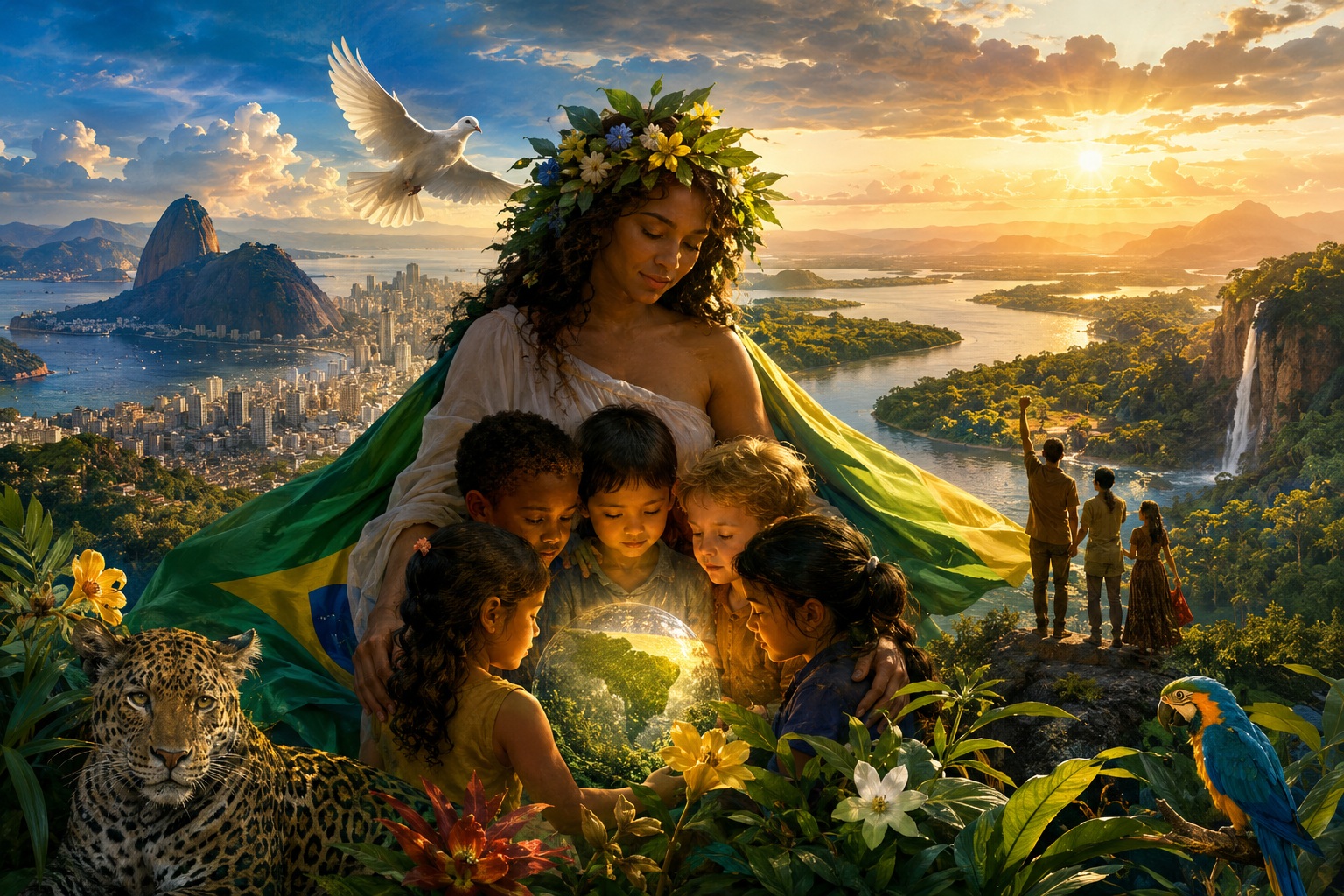 Ilustração digital poética da Pátria Mãe Gentil representada por uma mulher com coroa de flores abraçando crianças de diversas etnias sob a bandeira do Brasil. Ao redor, elementos da fauna e flora brasileiras como uma onça-pintada, uma arara, uma pomba branca e o Pão de Açúcar ao fundo sob o sol poente.