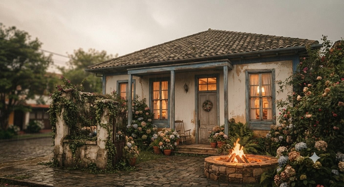 Uma casa rústica de estilo antigo e acolhedor num dia chuvoso, com paredes brancas desgastadas, telhado de telhas de barro e janelas e portas com molduras de madeira azul. As janelas estão iluminadas com uma luz acolhedora e alaranjada no interior. Na entrada, há uma pequena varanda de madeira com uma cadeira de balanço e vasos de hortênsias. No pátio de paralelepípedos à frente, destaca-se uma lareira exterior de pedra com fogo aceso, cercada por flores e vegetação. À esquerda, vê-se um portão de ferro e pedra coberto por trepadeiras e uma rua molhada pela chuva.