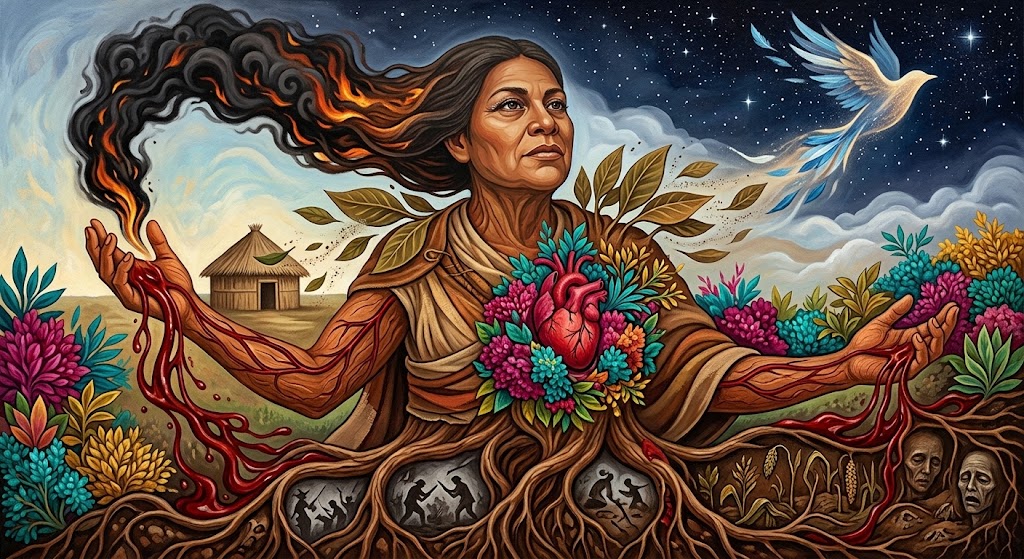 Um mural vibrante e surrealista retrata uma mulher indígena como a Mãe Terra encarnada. Suas raízes profundas nutrem a terra, onde são visíveis símbolos de lutas e história: pequenas vinhetas de trabalho árduo, figuras em túmulos e a colheita. De seu coração, uma flor vibrante e um coração humano emaranhado irradiam vitalidade. Seus braços de madeira se estendem, oferecendo sangue e fogo como fontes de vida e transformação. Acima, seu cabelo se transforma em fumaça que sobe ao céu e uma fênix de fogo voa livremente, representando renovação e o espírito resiliente da criação.