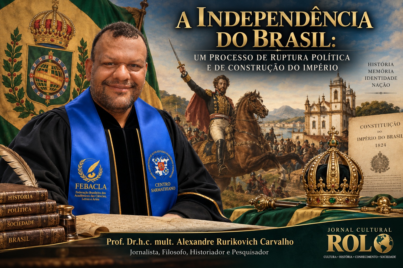 Capa comemorativa e informativa sobre a Independência do Brasil do Jornal Cultural ROL. Em destaque no lado esquerdo, o Prof. Dr.h.c. mult. Alexandre Rurikovich Carvalho (Jornalista, Filósofo, Historiador e Pesquisador) veste trajes acadêmicos com faixas institucionais. Ao fundo e à direita, uma composição de símbolos históricos brasileiros inclui o Brasão do Império, a pintura do Grito do Ipiranga, arquitetura colonial, a Constituição de 1824 e a Coroa Imperial. Textos em destaque abordam os temas: História, Memória, Identidade e Nação.