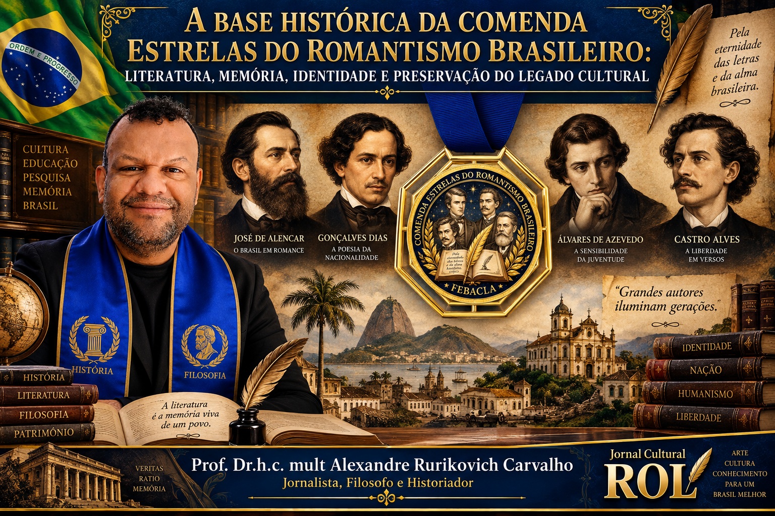 A arte apresenta uma composição histórico-cultural dedicada à Comenda Estrelas do Romantismo Brasileiro, unindo literatura, memória e identidade nacional. Em destaque, aparecem José de Alencar, Gonçalves Dias, Álvares de Azevedo e Castro Alves, grandes referências do Romantismo brasileiro. Na parte inferior, destaca-se a identificação do autor e do Jornal Cultural ROL.