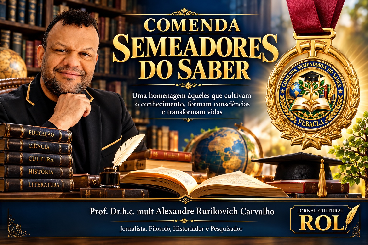 A arte criada por Inteligência Artificial para o artigo do Prof. Dr.h.c. mult. Alexandre Rurikovich Carvalho reúne, em uma composição simbólica e solene, elementos representativos da educação, da cultura e da produção intelectual. A presença do professor, dos livros, da pena, do globo terrestre, do capelo acadêmico e da própria Comenda Semeadores do Saber traduz a missão de ensinar, pesquisar, preservar e disseminar o conhecimento. O ambiente de biblioteca evoca a memória, o estudo, a leitura e a formação acadêmica. A composição visualiza a essência da homenagem àqueles que fazem do saber uma semente capaz de transformar vidas. A identificação do Jornal Cultural ROL completa a dimensão editorial e institucional da obra.