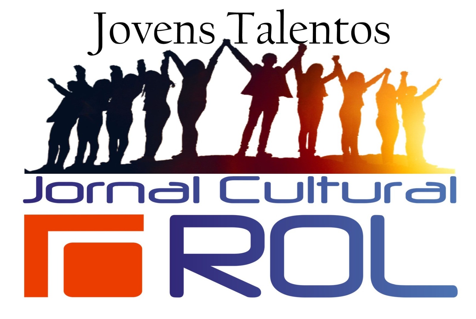 Descrição detalhada (para leitores de ecrã ou acessibilidade alargada):
A imagem apresenta a marca do projecto. No topo, destaca-se o texto "Jovens Talentos" escrito numa fonte preta com serifa. Por baixo da frase, encontra-se a silhueta em preto e tons alaranjados de um grupo de cerca de dez jovens com os braços erguidos e de mãos dadas num gesto de união e celebração. Abaixo da figura, sobressai a inscrição "Jornal Cultural" em letras azuis e, em maior destaque no fundo, o logótipo "ROL" antecedido por um símbolo geométrico laranja.