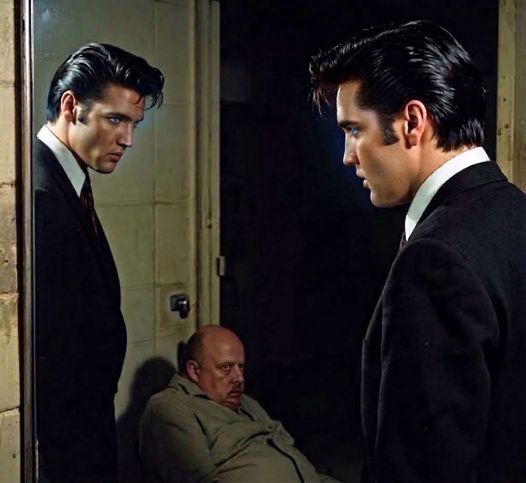 Homem jovem de terno escuro com topete e costeletas, semelhante a Elvis Presley, em pé de frente para um espelho em um ambiente escuro e mal iluminado. No reflexo do espelho, aparece sua imagem encarando-o. Ao fundo, sentado no chão encostado na parede, um homem calvo de camisa verde-oliva olha para cima com expressão apreensiva. Cena em orientação retrato com clima tenso e cinematográfico.