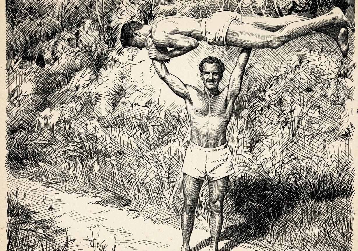 Ilustração em gravura a preto e branco de estilo vintage mostrando dois homens ao ar livre num caminho ladeado por vegetação densa. O homem em pé, no centro, veste calções brancos, sorri para a câmara e segura horizontalmente outro homem acima da sua cabeça com ambos os braços estendidos. O homem erguido encontra-se em Posição de Prancha horizontal, vestindo também calções brancos.