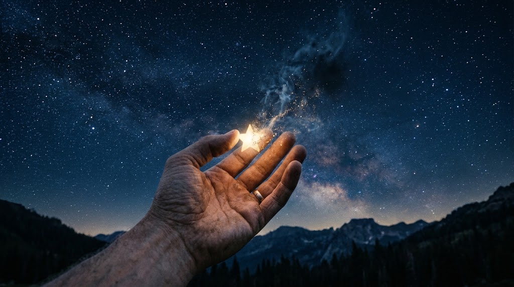 Mão aberta diante de uma estrela luminosa que se desfaz em fumaça