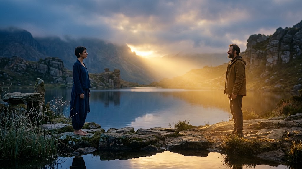 Duas pessoas diante uma da outra, envolvidas por luz dourada, simbolizando a espera amorosa, o reencontro e a transcendência.