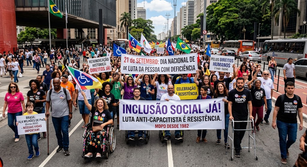Fotografia em plano geral de um grupo numeroso de manifestantes numa avenida urbana rodeada de edifícios altos. À frente, em primeiro plano, uma mulher de cadeira de rodas sorri enquanto segura uma pequena bandeira do símbolo da acessibilidade. Ao seu lado, pessoas seguram uma grande faixa branca onde se lê em letras maiúsculas azuis e vermelhas: "INCLUSÃO SOCIAL JÁ! LUTA ANTI-CAPACITISTA É RESISTÊNCIA. MDPD DESDE 1982". Logo atrás, o grupo segura outra faixa de grande dimensão com o texto: "21 de SETEMBRO: DIA NACIONAL DE LUTA DA PESSOA COM DEFICIÊNCIA". Ao longo da marcha, veem-se cartazes com mensagens como "REIVINDICAÇÃO HISTÓRICA: DIREITOS JÁ!" e "PELOS DIREITOS HUMANOS", além de bandeiras do Brasil e de símbolos de acessibilidade.