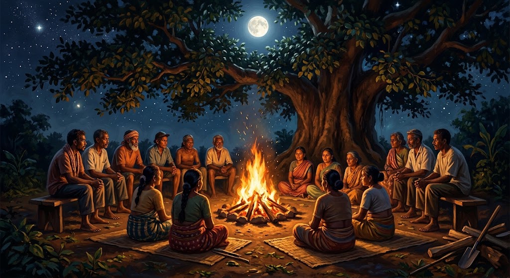Pintura digital de pessoas reunidas ao redor de uma fogueira sob uma grande árvore em uma aldeia africana durante a noite.