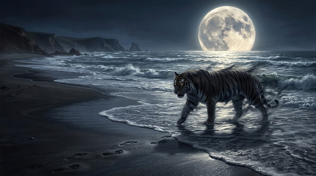 Pintura poética de uma praia à noite sob lua cheia, com pegadas na areia molhada desaparecendo na água e a silhueta de um tigre emergindo sutilmente das sombras.