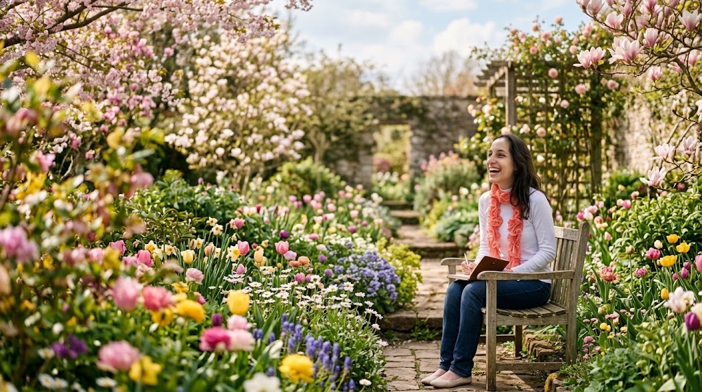 Mulher de cabelos escuros e sorriso radiante sentada em um banco de madeira no centro de um jardim florido e ensolarado durante a primavera. Ela veste uma blusa branca de mangas compridas, calça jeans e um cachecol rosa texturizado. Em seu colo, ela segura um bloco de anotações e uma caneta, parecendo inspirada enquanto olha para o alto. O jardim ao seu redor está repleto de tulipas, margaridas e flores coloridas em tons de rosa, amarelo e roxo, com árvores floridas ao fundo sob a iluminação suave da manhã.