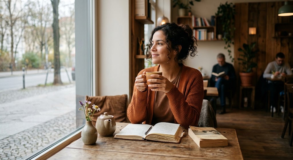 Uma mulher sentada sozinha à mesa de madeira de um café aconchegante, sorrindo suavemente enquanto segura uma xícara quente com as duas mãos e olha através de uma grande janela de vidro para a rua. À sua frente estão um caderno aberto com uma caneta, um livro fechado, um pequeno bule e um vaso com flores delicadas. O ambiente ao fundo possui iluminação suave e tons quentes de madeira.