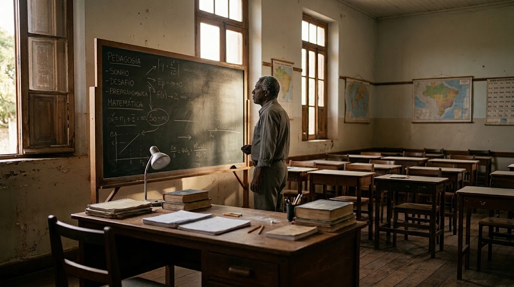 Uma cena poética e cinematográfica em uma sala de aula simples e silenciosa, com um professor sozinho diante de uma lousa parcialmente preenchida, livros e materiais escolares sobre a mesa, luz suave entrando pelas janelas e criando uma atmosfera de sonho misturada a melancolia, sugerindo o contraste entre o ideal de ensinar e as dificuldades da profissão docente, ambiente realista, expressivo e contemplativo, fotografia artística de alta qualidade, profundidade de campo, tons naturais, composição elegante de revista literária, formato horizontal 16:9, sem pessoas identificáveis, sem palavras, sem letras e sem qualquer texto na imagem.