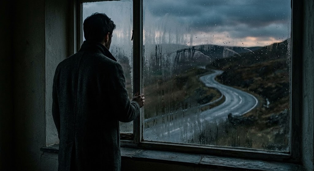 Fotografia conceitual de um homem observando a paisagem através de uma janela reflexiva.