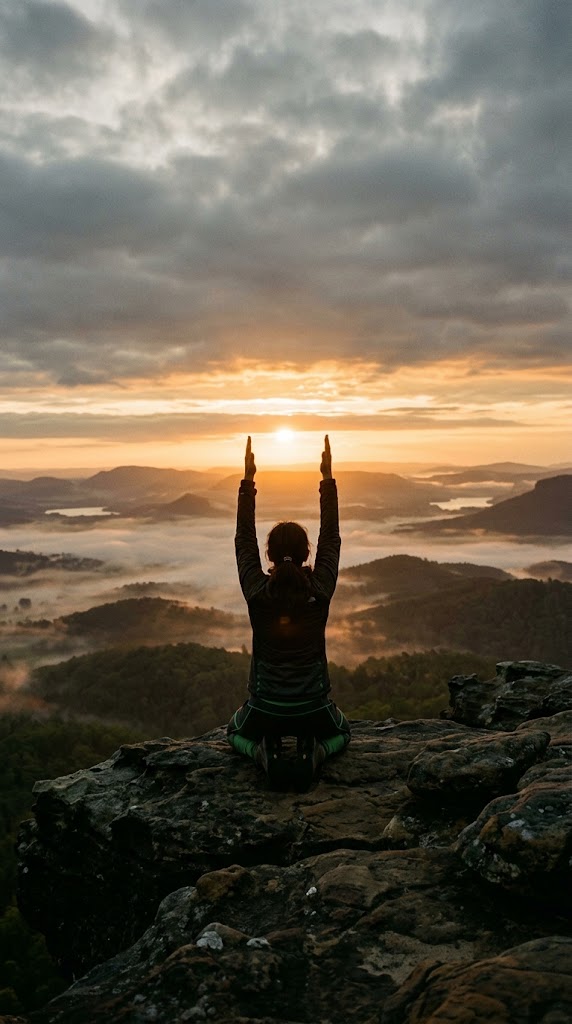 Fotografia vertical em estilo cinematográfico mostrando uma pessoa de costas, ajoelhada em postura de meditação no topo de uma penhasco rochoso. Ela está com os dois braços estendidos para cima, emoldurando perfeitamente o sol nascente ou poente centralizado entre suas mãos no horizonte. A iluminação é em contraluz, criando uma silhueta dramática. Ao fundo, uma vasta paisagem panorâmica de colinas verdes cobertas por uma névoa suave e pequenos corpos d'água ao longe. O céu está nublado com tons cinzentos e uma luz dourada e quente despontando no horizonte.
