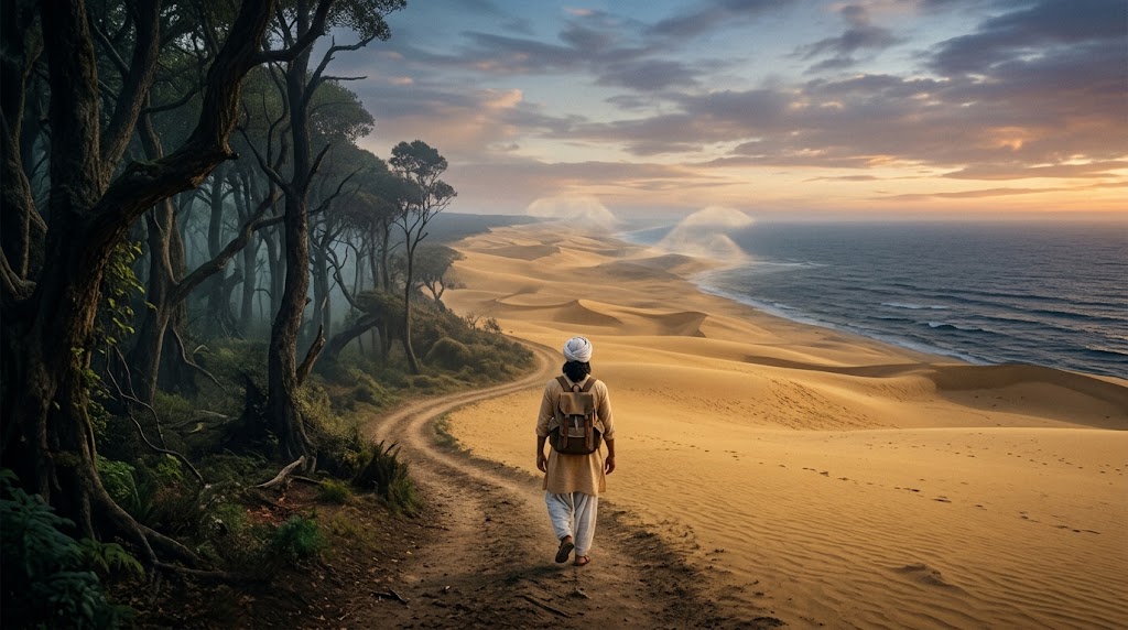 Caminhante perdido em paisagem de floresta, deserto e horizonte, evocando dúvidas e caminhos da existência.