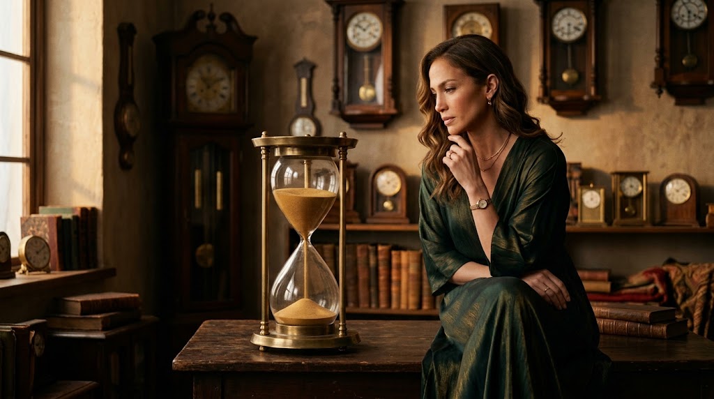 Mulher diante de ampulheta, simbolizando beleza e passagem do tempo