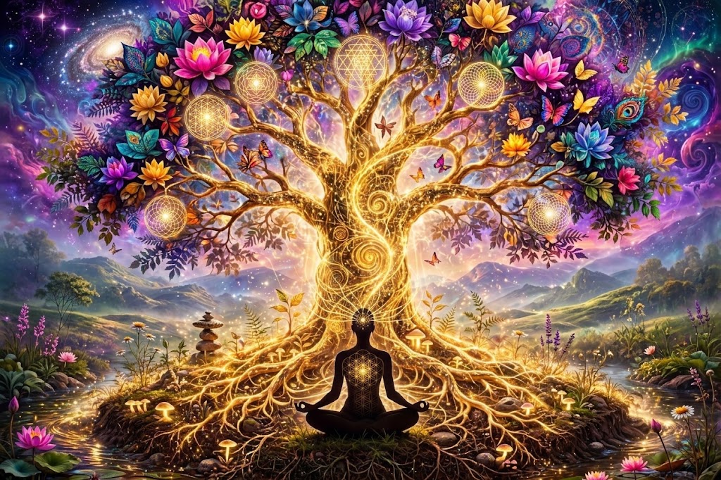 Arte digital vibrante e espiritual. No centro, a silhueta de uma pessoa medita em postura de lótus sob uma grande Árvore da Vida com tronco e raízes dourados que emitem luz. As raízes espalham-se pelo solo relvado. A copa da árvore está repleta de grandes flores coloridas (lótus cor-de-rosa, amarelas e azuis) e borboletas reluzentes. Ao fundo, vê-se um riacho, montanhas suaves ao pôr do sol e um céu cósmico em tons de roxo, azul e dourado com estrelas e galáxias.