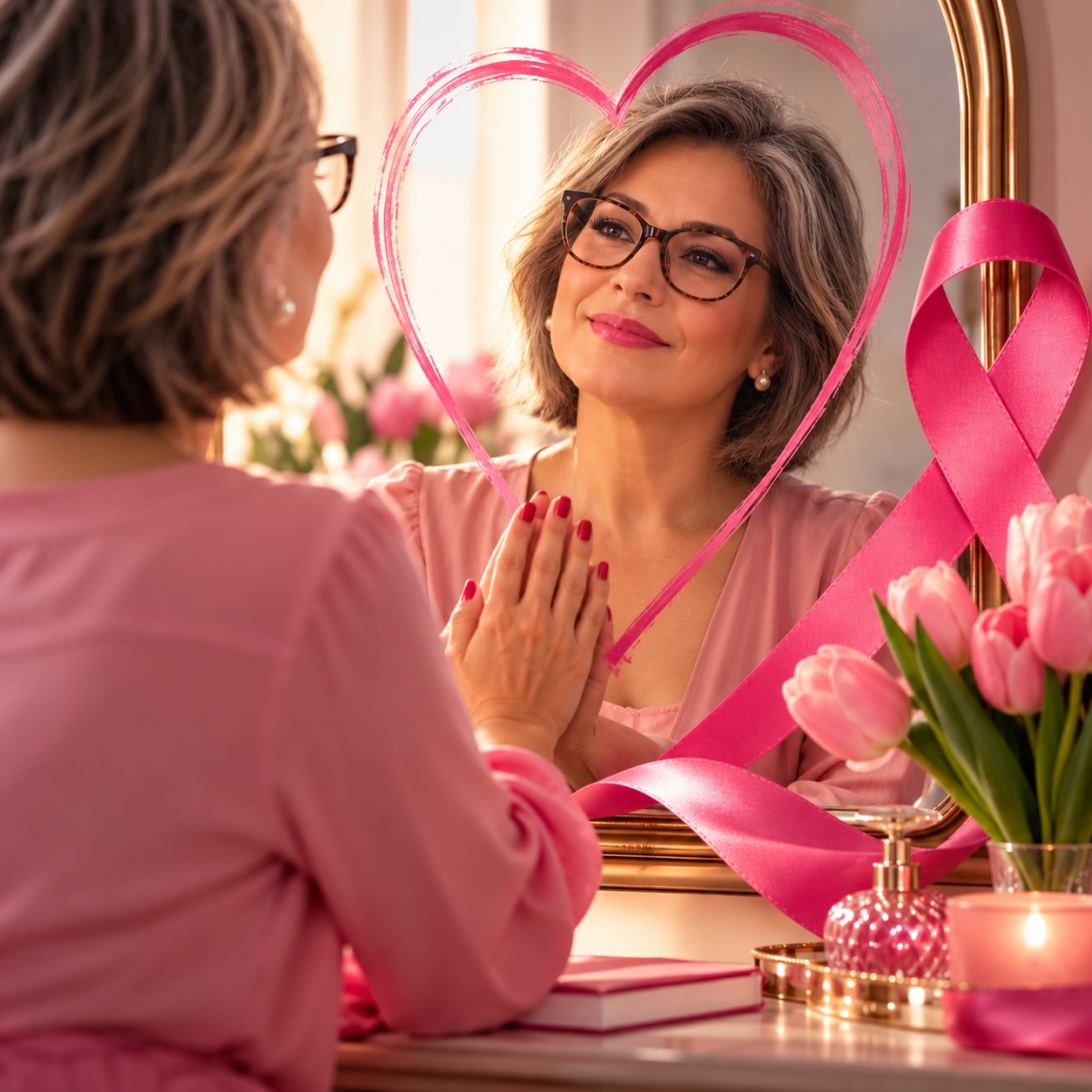 Mulher madura diante do espelho, sorrindo para seu reflexo, em um ambiente delicado decorado com flores cor-de-rosa, laço de conscientização sobre o câncer de mama e elementos em tons de rosa.