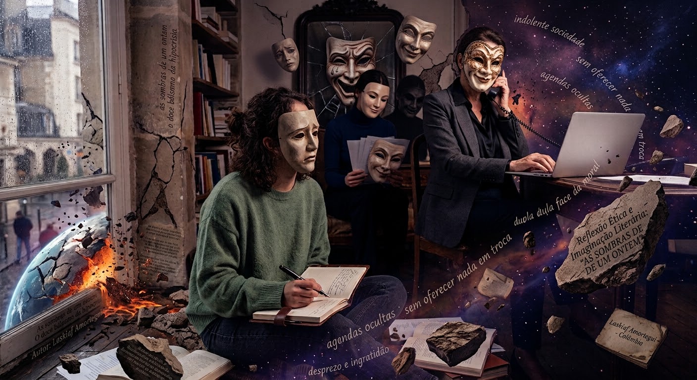 Composição fotográfica conceitual e surreal em um interior em ruínas e fragmentado. À esquerda, uma jovem com suéter verde e uma máscara de teatro triste sobre o rosto escreve em um caderno, sentada no chão entre escombros e livros. Uma janela ao seu lado revela uma rua e uma esfera planetária rachada e em chamas. No centro, uma figura com máscara branca e sorriso sutil e uma mulher de terno com uma máscara Veneziana no rosto, falando ao telefone e usando um notebook em uma mesa, enquanto máscaras de teatro flutuam acima de suas cabeças. A sala está se desfazendo, com pedras voadoras, detritos e fumaça que transita para um céu noturno e uma nebulosa cósmica no fundo direito. Várias frases e blocos de texto em português, como 'agendas ocultas', 'sem oferecer nada em troca', 'hipocrisia', 'indolente sociedade', 'Reflexão Ética e Imaginação Literária: "AS SOMBRAS DE UM ONTEM"', e os nomes 'Laskiaf Amortegui - Colômbia' e 'Autor: Laskiaf Amortegui', estão sobrepostos e flutuando no ar. O clima é de mistério, intelectualismo e colapso existencial.