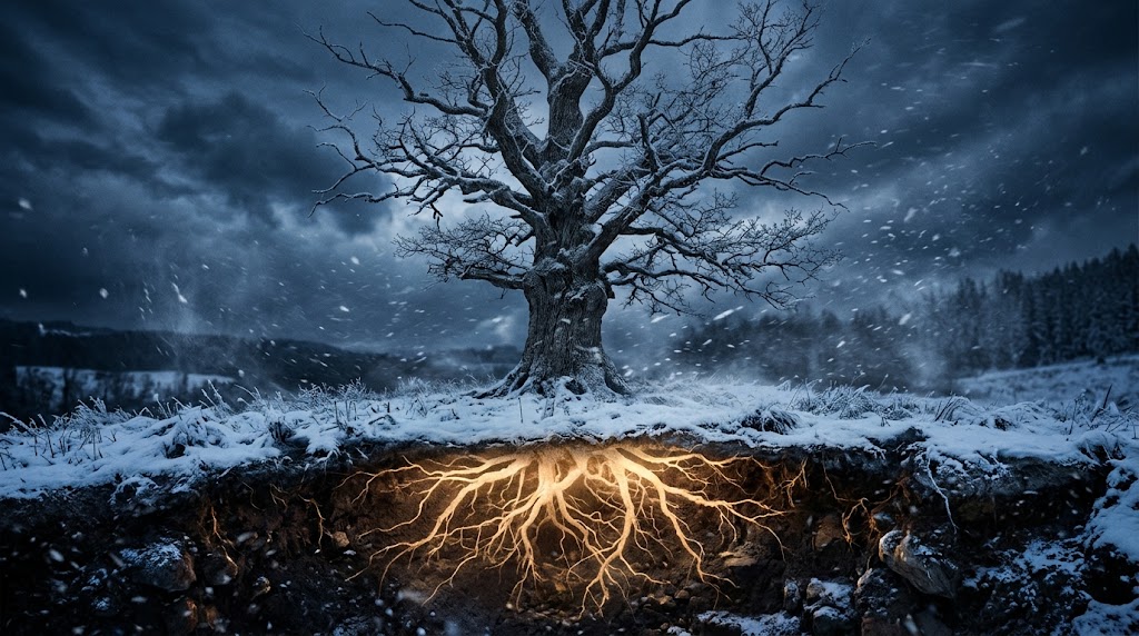 Tronco de árvore exposto ao inverno rigoroso na superfície enquanto suas raízes profundas brilham com uma luz suave sob a terra congelada.