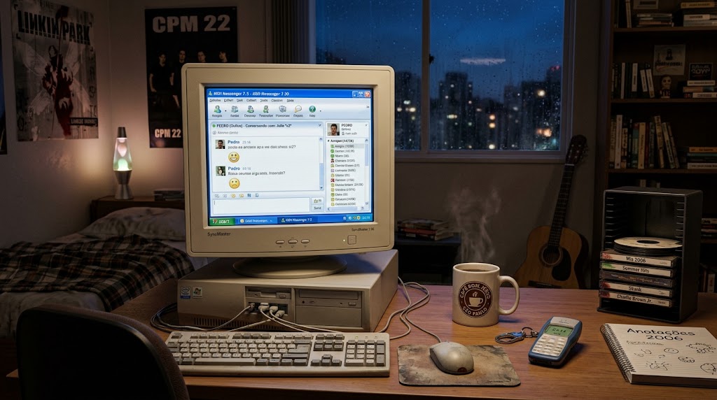 Sala de apartamento em 2006 à noite, com monitor antigo de computador exibindo janela do MSN Messenger iluminando o ambiente nostálgico.