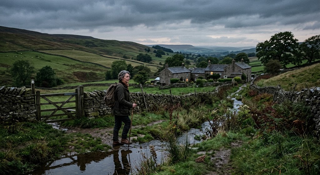 Uma mulher inglesa de meia-idade, vestindo casaco de caminhada, cachecol e mochila, segura um cajado de madeira enquanto caminha ao lado de um pequeno riacho na zona rural da Inglaterra. Ela está sobre um terreno úmido e verdejante, com o reflexo de sua figura visível na água estagnada. Ao fundo, colinas suavemente onduladas sob um céu nublado se estendem até um pequeno vilarejo com casas antigas de pedra com luzes quentes acesas nas janelas.