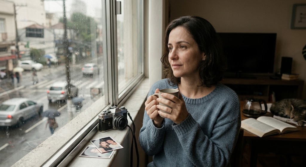 Uma mulher de trinta e poucos anos, com cabelos castanhos curtos, está sentada ao lado de uma janela grande em um dia chuvoso. Ela veste um suéter de tricô azul e segura uma xícara de café com as duas mãos, olhando pensativa para fora. No parapeito da janela, há uma câmera fotográfica antiga e duas fotos impressas em estilo vintage de duas mulheres jovens sorrindo. Do lado de fora, vê-se uma rua da cidade sob garoa, com carros e sombras de pedestres com guarda-chuvas. O ambiente interno é acolhedor e nostálgico, iluminado pela luz suave da tarde chuvosa.