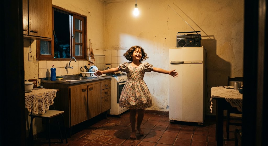 Fotografia em estilo nostálgico dos anos 1980 mostrando uma menina descalça dançando alegremente em uma cozinha simples, com um rádio antigo em cima da geladeira e iluminação acolhedora.