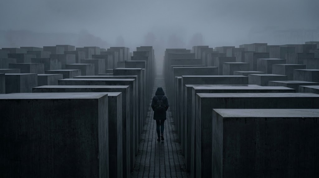 Fotografia conceitual do Memorial do Holocausto em Berlim em uma manhã nublada e com névoa, mostrando os blocos cinzentos de concreto e a silhueta de uma mulher caminhando solitária pelos corredores estreitos.