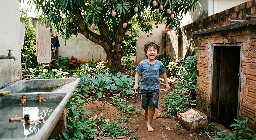 Uma criança alegre descalça num quintal simples com uma grande mangueira de mangas-rosa, um tanque de lavar roupa com brinquedos flutuantes, horta e a entrada de um porão de tijolos.