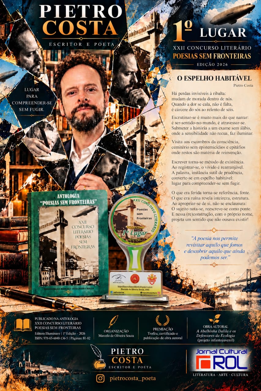 Cartaz promocional de Pietro Costa, vencedor do 1º lugar no XXII Concurso Literário Poesias Sem Fronteiras. Contém fotos do autor, o poema "O Espelho Habitável", o troféu, a capa da antologia e informações sobre a publicação.