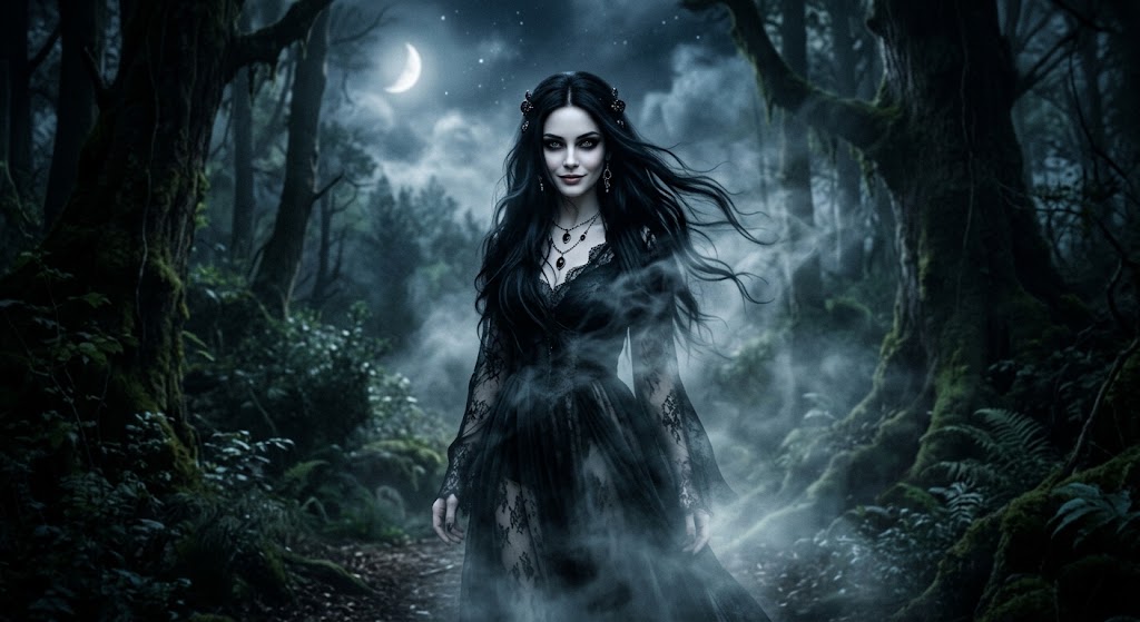 Uma figura feminina misteriosa e enigmática caminha por uma floresta densa e sombria à noite. Ela possui pele muito clara e cabelos negros longos e esvoaçantes, vestindo um vestido preto rendado. Uma névoa prateada envolve a base de sua silhueta enquanto ela olha diretamente para a frente com uma expressão magnética. Ao fundo, árvores antigas cobertas de musgo e o céu noturno com uma lua crescente e estrelas completam o cenário etéreo.