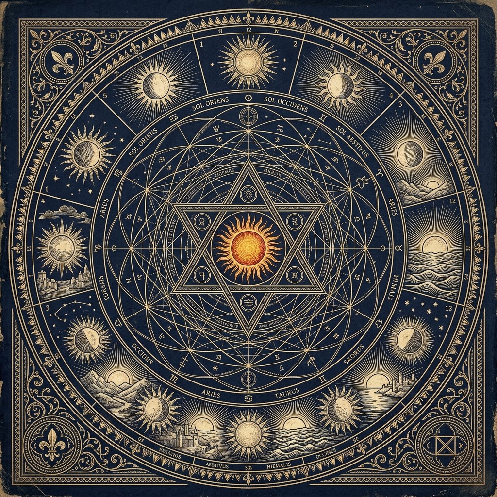 Diagrama astronômico e alquímico antigo em fundo azul-marinho com linhas douradas, contendo um hexagrama com um sol radiante no centro e um anel externo com 12 ilustrações solares.