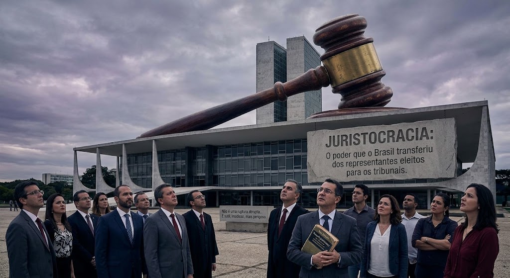 Uma fotografia conceitual e surrealista, sob um céu dramático e nublado, retrata o Palácio do Congresso Nacional em Brasília como se tivesse sido atingido por um malhete (martelo de juiz) de madeira colossal, que repousa sobre a estrutura horizontal do edifício. No lado direito do prédio, um grande bloco de pedra em formato de cartaz apresenta o texto em português: "JURISTOCRACIA: O poder que o Brasil transferiu dos representantes eleitos para os tribunais." Uma frase menor na pedra diz: "A juristocracia não se instala por golpe...". No plano médio, na praça em frente ao Congresso, um grupo de 15 pessoas, homens e mulheres vestidos com roupas profissionais formais (ternos, saias, vestidos de trabalho), está de pé, olhando para cima com expressões sérias e reflexivas para o martelo e o texto. Um homem em destaque no centro-direita segura um livro antigo intitulado "JURISTOCRACIA". O chão é pavimentado, e outras pequenas placas com textos em letras menores (micro-escritas) estão espalhadas pela cena, incluindo uma mais próxima ao grupo com a frase: "Não é uma ruptura abrupta... E sutil, insidioso, mais perigoso.". A iluminação é difusa, realçando as texturas da madeira e da pedra sob o céu de tempestade.