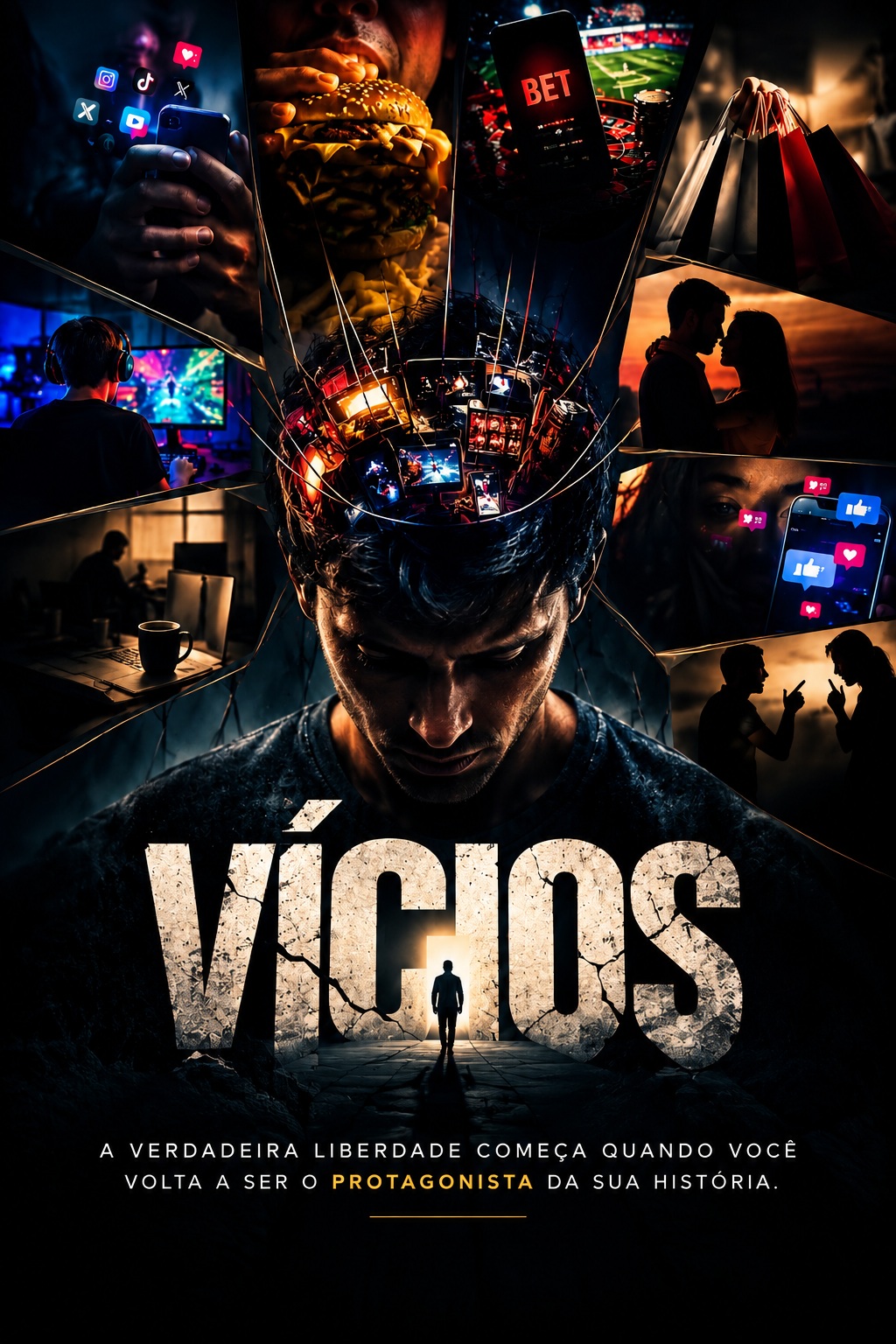 Poster dramático com a palavra "VÍCIOS" em destaque. Um homem de cabeça baixa é cercado por fragmentos que mostram vícios modernos, como redes sociais, apostas, comida e compras. Abaixo, a frase: "A verdadeira liberdade começa quando você volta a ser o protagonista da sua história."