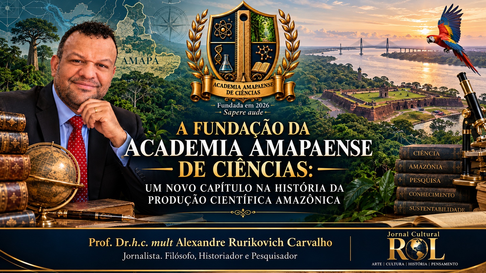 Capa ilustrada de artigo intitulado "A Fundação da Academia Amapaense de Ciências: um novo capítulo na história da produção científica amazônica", com foto do Prof. Dr.h.c. mult Alexandre Rurikovich Carvalho e elementos científicos e da Amazónia.