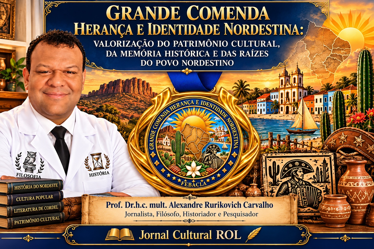 GRANDE COMENDA HERANÇA E IDENTIDADE NORDESTINA: Valorização do Património Cultural, da Memória Histórica e das Raízes do Povo Nordestino". À esquerda, foto do Prof. Dr.h.c. mult. Alexandre Rurikovich Carvalho vestido de jaleco branco e gravata, ao lado de uma pilha de livros e de uma medalha dourada com o brasão da comenda. Ao fundo e à direita, ilustrações da paisagem, arquitetura e cultura do Nordeste brasileiro. No rodapé surge a assinatura do Jornal Cultural ROL. Imagem gerada por IA