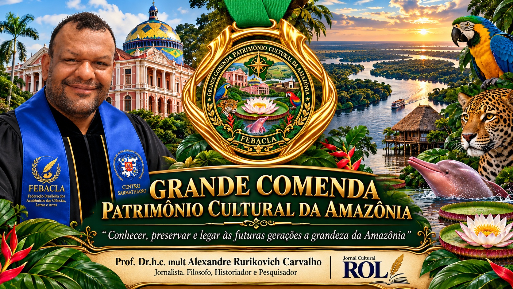 Fotomontagem comemorativa da "Grande Comenda Património Cultural da Amazónia". À esquerda, o retrato do Prof. Dr.h.c. mult Alexandre Rurikovich Carvalho vestindo uma estola azul da FEBACLA. Ao centro, uma medalha dourada e a inscrição do título da comenda com a frase "Conhecer, preservar e legar às futuras gerações a grandeza da Amazónia". Em fundo, a arquitetura do Teatro Amazonas e a paisagem natural da floresta com fauna nativa.