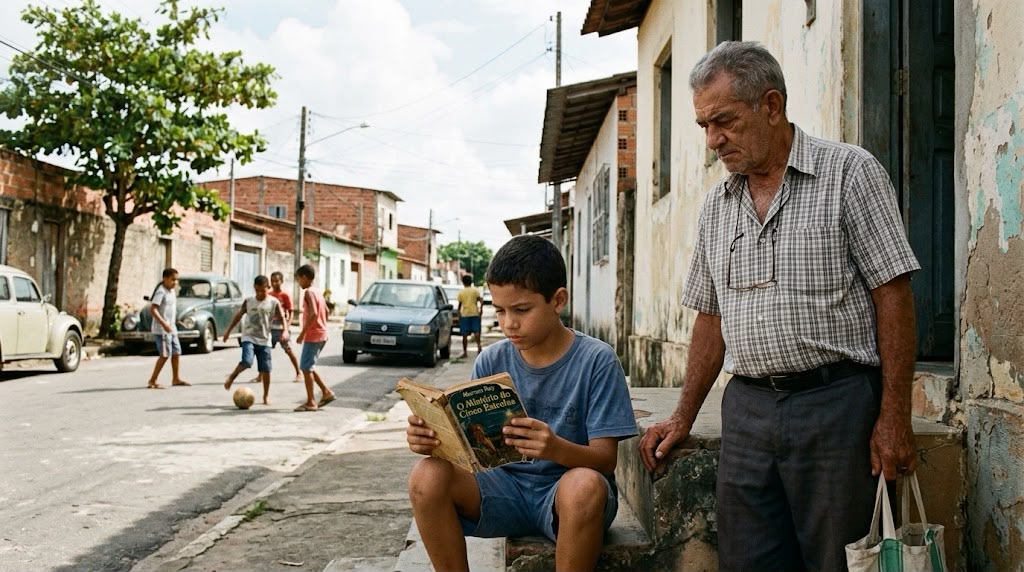 Fotografia realista de um bairro residencial brasileiro. Em primeiro plano, um menino está sentado num degrau de pedra a ler atentamente um livro antigo de capa gasta. Ao seu lado, um homem idoso de expressão séria, vestindo camisa xadrez e calças escuras, segura uma sacola de compras e observa-o. Ao fundo, numa rua residencial com carros antigos estacionados e uma grande amendoeira, outras crianças jogam futebol. A iluminação é natural sob um céu parcialmente nublado.