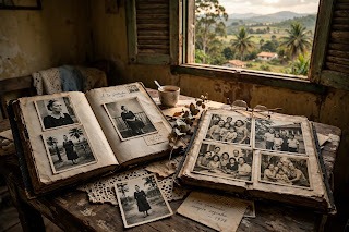 Uma cena rústica e nostálgica vista de perto. Sobre uma mesa de madeira envelhecida, encontram-se dois grandes álbuns de recortes abertos que exibem fotografias antigas a preto e branco de várias pessoas. Sobre a mesa estão também espalhados uma fotografia solta de uma mulher, uns óculos de leitura, um pequeno ramo de folhas secas, um bilhete com texto manuscrito, um naperão de renda e uma chávena. Ao fundo, uma janela de madeira rústica e aberta enquadra uma paisagem campestre serena com colinas verdes, palmeiras e algumas casas sob um céu ligeiramente nublado.