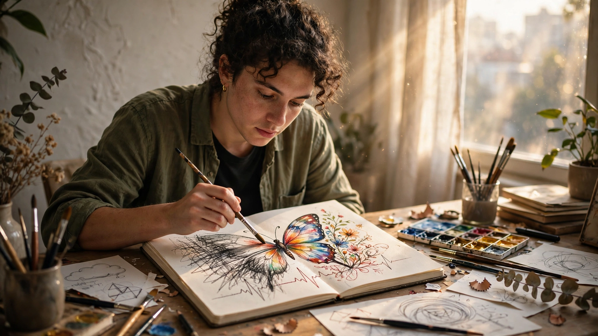 Um jovem com cabelo escuro encaracolado e sardas está sentado a uma secretária de madeira, profundamente concentrado a pintar num caderno de esboços. A luz do sol entra por uma janela à direita, iluminando o espaço com uma luz quente e acolhedora. Ele está a pintar uma borboleta com um forte contraste: a asa esquerda é feita de traços pretos e caóticos a carvão ou lápis, enquanto a asa direita é vibrante, pintada com aguarelas e funde-se com flores coloridas. Uma linha que se assemelha a um batimento cardíaco atravessa a parte inferior do desenho. A mesa à sua volta está repleta de materiais de arte, incluindo uma paleta de aguarelas suja de tinta, copos com pincéis, aparas de lápis e vários papéis soltos com esboços geométricos e formas.