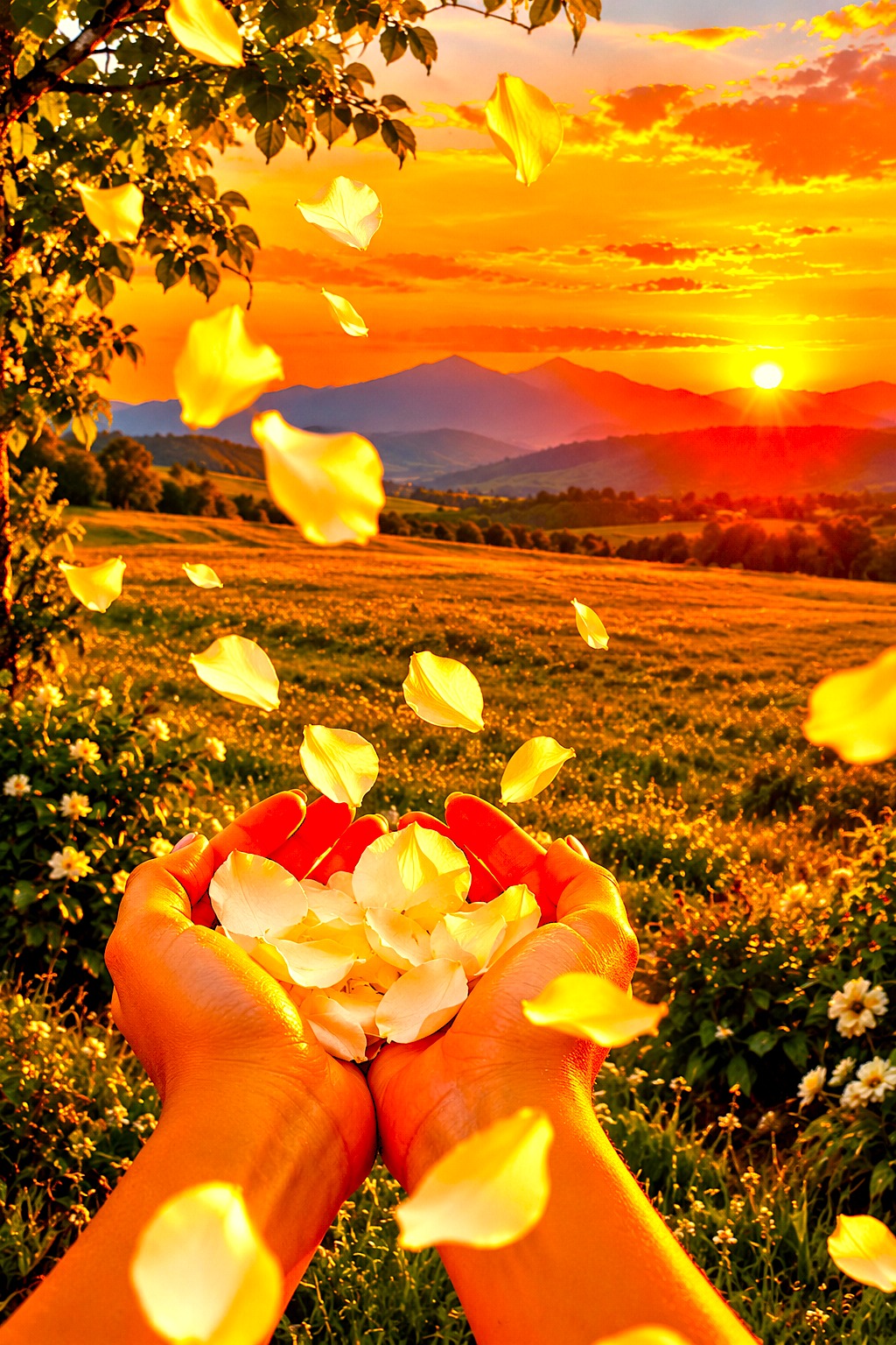 Duas mãos em concha no primeiro plano seguram pétalas de flores brancas ou amarelas claras. À volta e a flutuar no ar, há mais pétalas em tons dourados. Em fundo, vê-se uma paisagem vasta ao pôr do sol, com campos verdes, montanhas distantes e um céu radiante em tons de laranja e amarelo vibrante.