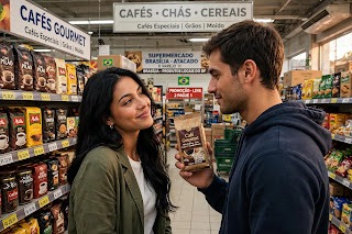 Num corredor de supermercado junto à secção de cafés, um homem e uma mulher sorriem um para o outro com cumplicidade. O homem, à direita, segura um pacote de café em grão, enquanto a mulher, à esquerda, com cabelo escuro comprido e um casaco verde sobre uma blusa branca, o olha carinhosamente. Em fundo, prateleiras repletas de produtos e letreiros com as indicações "CAFÉS GOURMET" e "CAFÉS • CHÁS • CEREAIS".