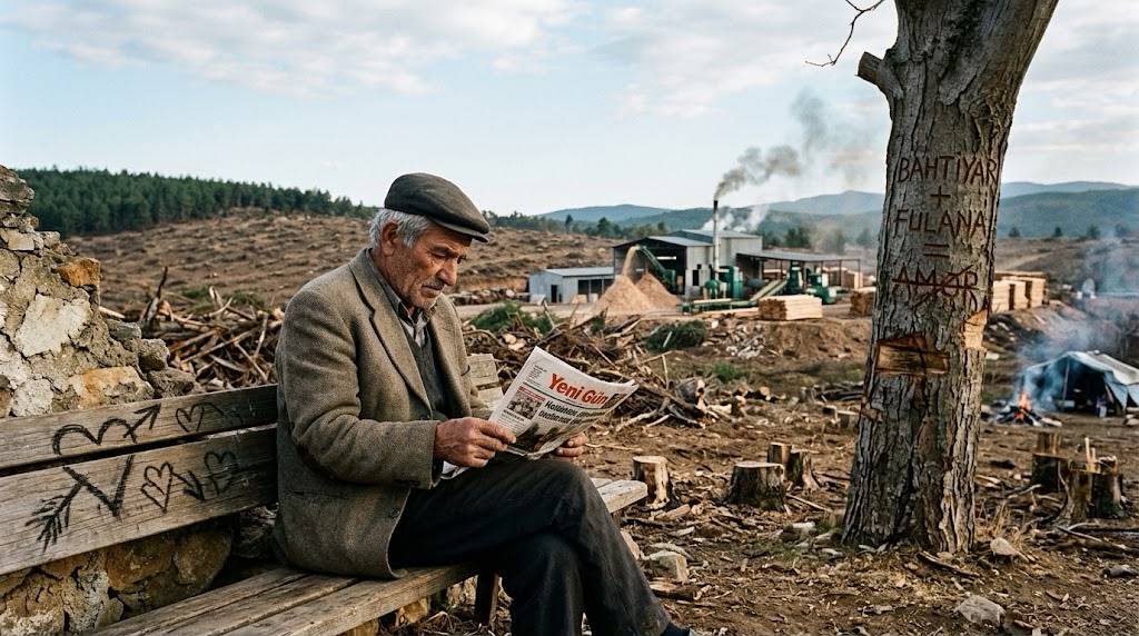 Fotografia em orientação paisagem que retrata um homem mais velho com uma boina escura, casaco bege e calças escuras, sentado num banco de madeira ao ar livre, concentrado a ler um jornal chamado "Yeni Gün". O banco de madeira tem entalhes de corações e flechas cruzadas na superfície. Ao lado, à direita, ergue-se o tronco de uma árvore grossa com a inscrição gravada "BAHTİYAR + FULANA = AMOR". No fundo, a paisagem rural mostra uma área arborizada e desmatada com troncos cortados, uma estrutura industrial com fumo a sair da chaminé e um pequeno acampamento com fogueira à distância.
