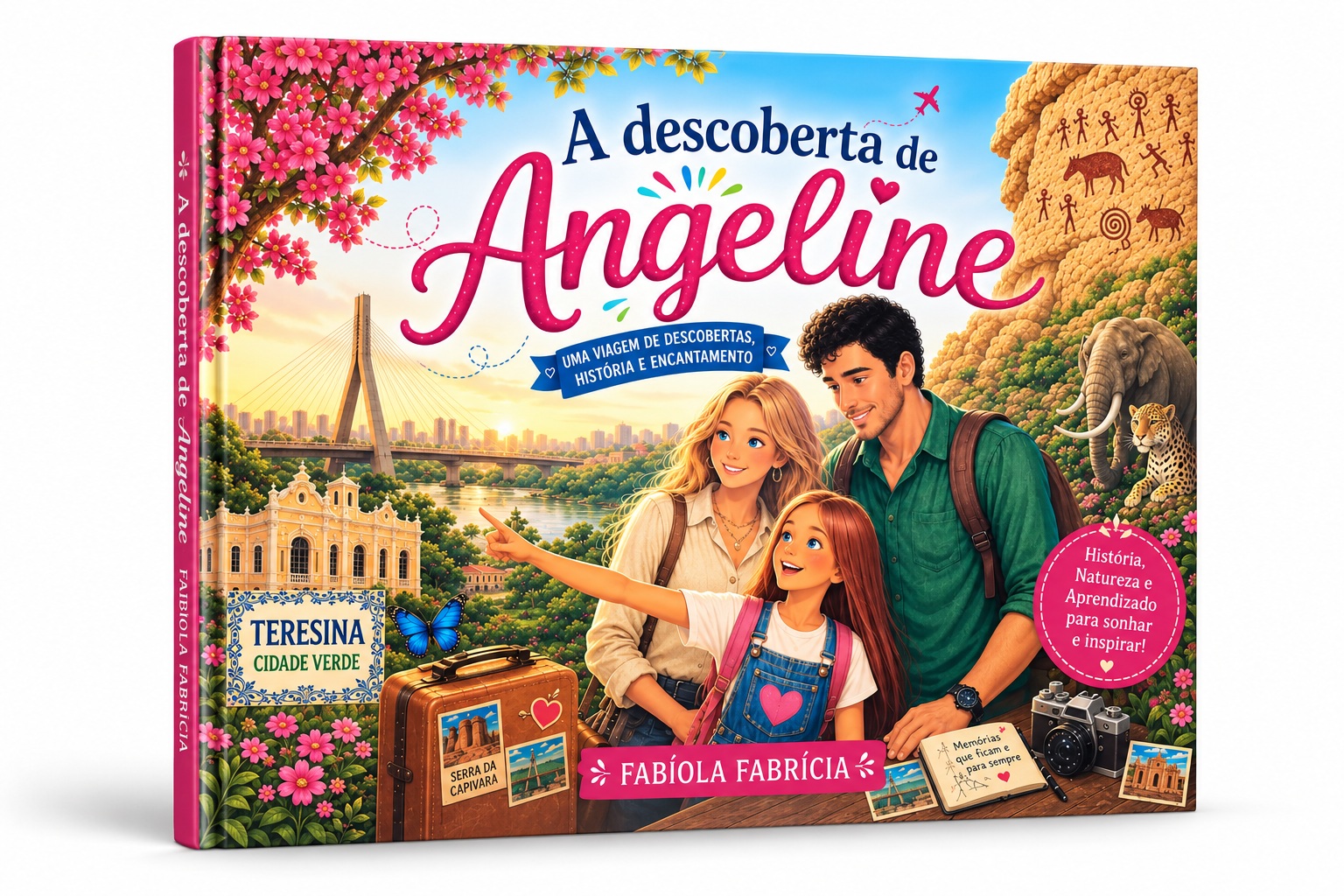 Capa do livro infantil A descoberta de Angeline, de Fabíola Fabrícia. Ao centro, uma mãe, um pai e uma filha sorriem ao lado de uma mala de viagem com autocolantes da Serra da Capivara. Ao fundo, destacam-se a Ponte Estaiada e edifícios de Teresina à esquerda, e uma rocha com pinturas rupestres e uma onça-pintada à direita.