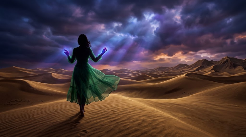Pintura digital surrealista e poética em formato panorâmico. A silhueta de uma mulher elegante e delicada caminha de costas por vastas dunas de areia dourada e ondulada ao crepúsculo. Ela veste um vestido esvoaçante de tom verde-esmeralda semi-transparente. No céu dramático e nublado, raios de luz azul e violeta etéreos atravessam as nuvens e iluminam com um brilho místico as suas mãos erguidas. A atmosfera é misteriosa, nostálgica e com iluminação cinematográfica.