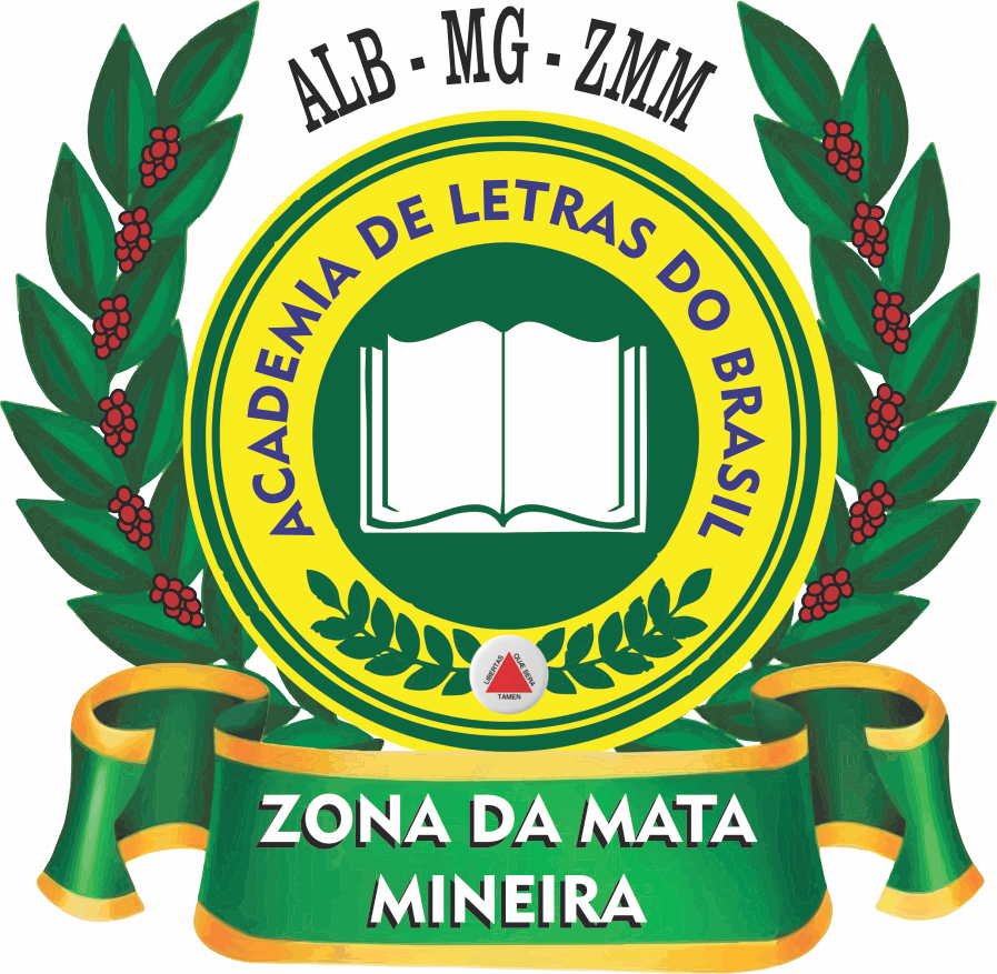 O emblema oficial da Academia de Letras do Brasil - Zona da Mata Mineira (ALB-MG-ZMM) apresenta um círculo central verde com um livro aberto em destaque. Ao redor do círculo central, há um anel amarelo com a inscrição em letras maiúsculas azuis: "ACADEMIA DE LETRAS DO BRASIL". O conjunto é emoldurado por ramos de café verde com frutos vermelhos nas laterais e no topo. No topo, fora do círculo, lê-se "ALB - MG - ZMM". Na parte inferior, uma faixa verde e amarela com bordas douradas exibe o texto "ZONA DA MATA MINEIRA".