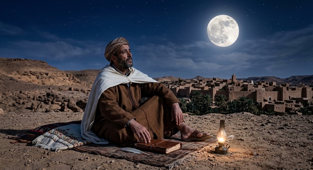 Fotografia em tom melancólico de um homem vestido com vestes tradicionais argelinas (burnous e turbante) sentado sobre um tapete no deserto ao anoitecer, contemplando uma grande lua cheia brilhante no céu estrelado. Ao lado dele, na terra, há um livro de couro antigo, uma pena de escrever e uma lanterna a óleo acesa. Ao fundo, vê-se a arquitetura de uma antiga vila de oásis com palmeiras e construções de terra.